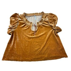 Free People Small Velvet Boho Blouse Ruffle Puff Sleeve Tie Neck Mustard Brown